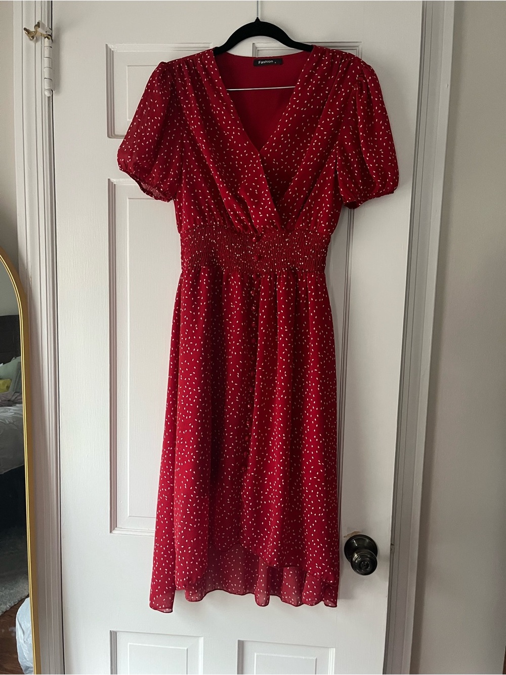 Red Puff-Sleeve Midi Dress